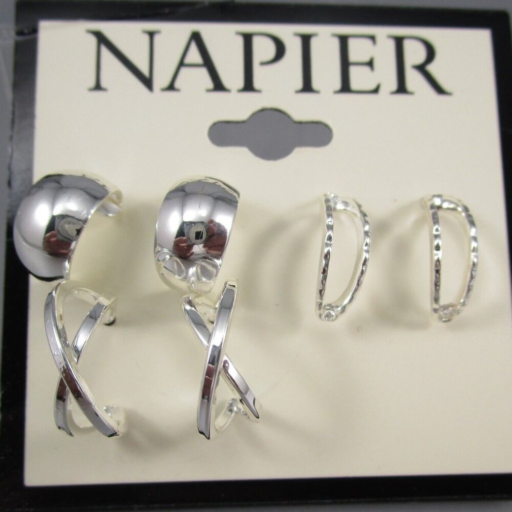 NAPIER 3pc SET Mod/Contemporary Silver Criss Cross/Smooth/Textured Hoop Earrings